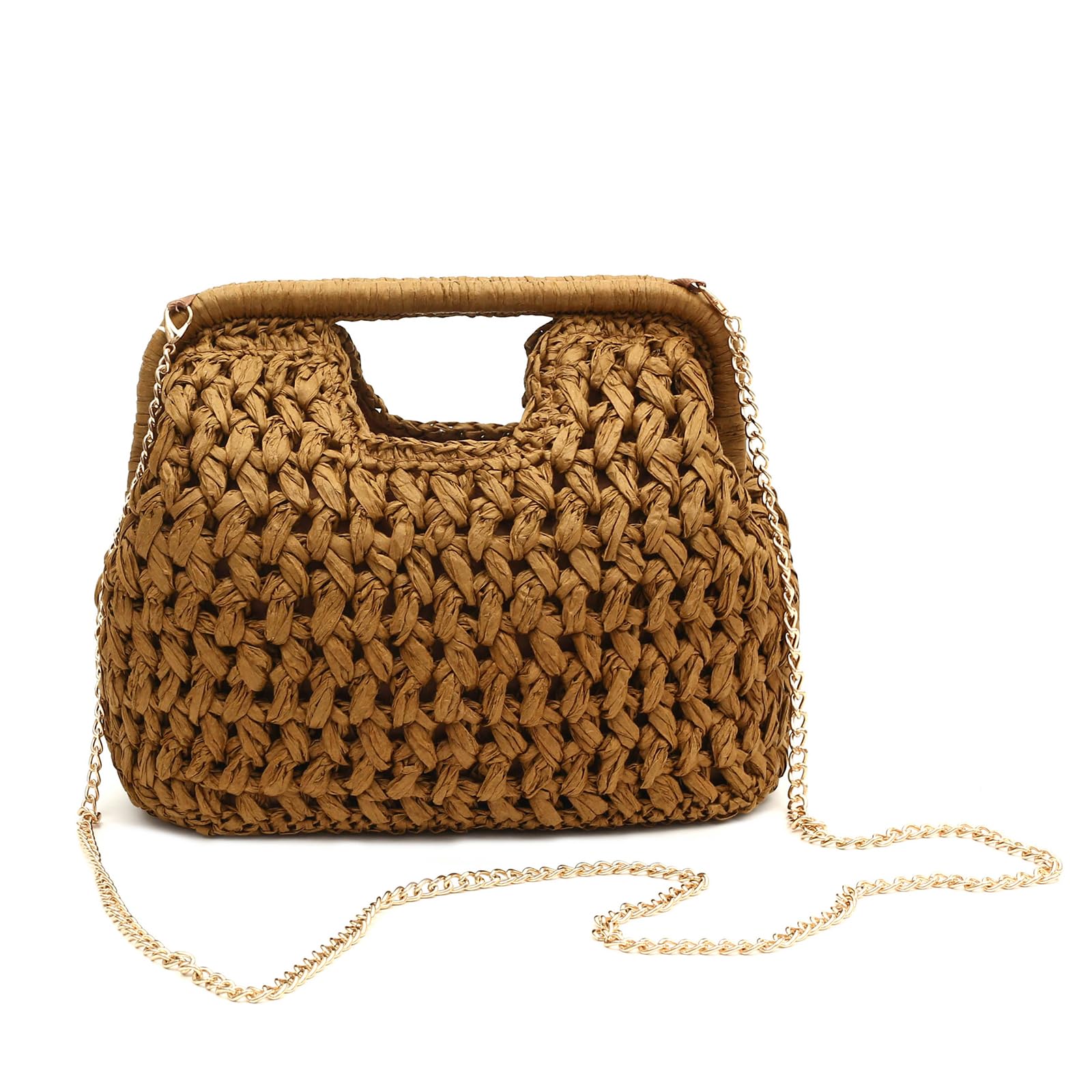 Herald Straw Woven Clutch Purse for Women, Beach Cloud Dumpling Pouch Evening Shoulder Crossbody Bag with Gold Chain