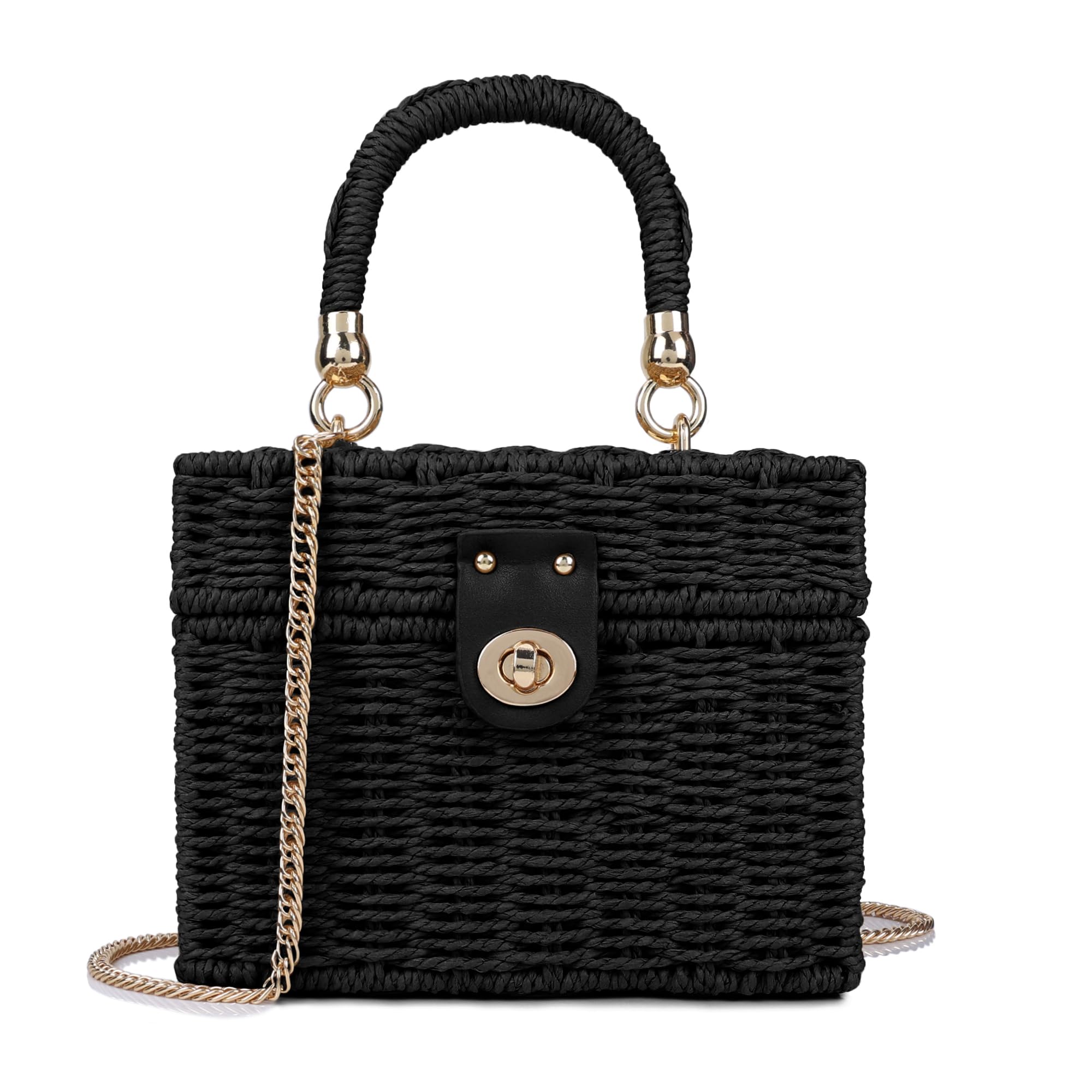 Handwoven Rattan Bag for Women Wicker Crossbody Shoulder Bag Straw Beach Tote Bag Top Handle Satchel Handbag with Chain Strap