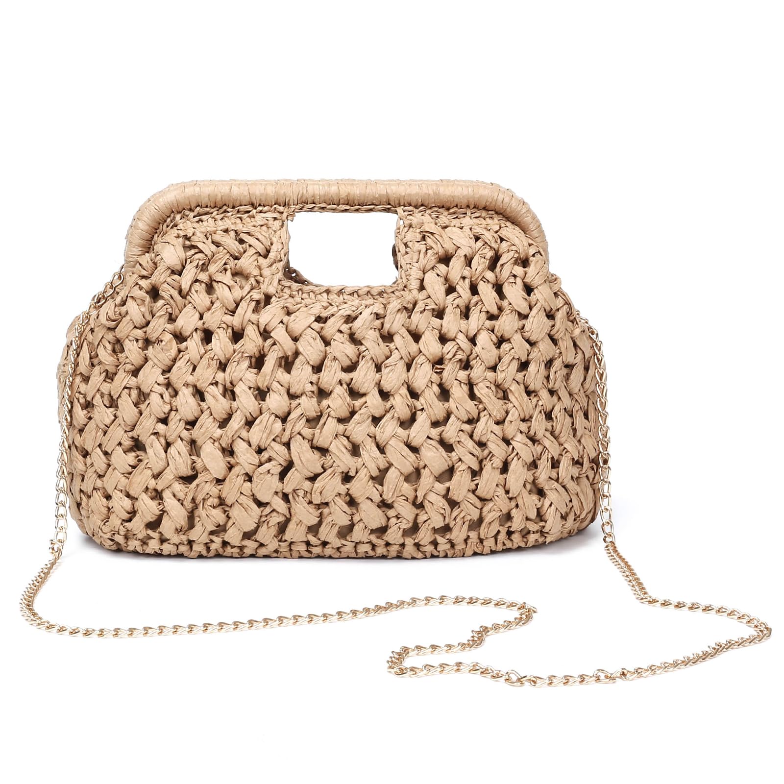Herald Straw Woven Clutch Purse for Women, Beach Cloud Dumpling Pouch Evening Shoulder Crossbody Bag with Gold Chain