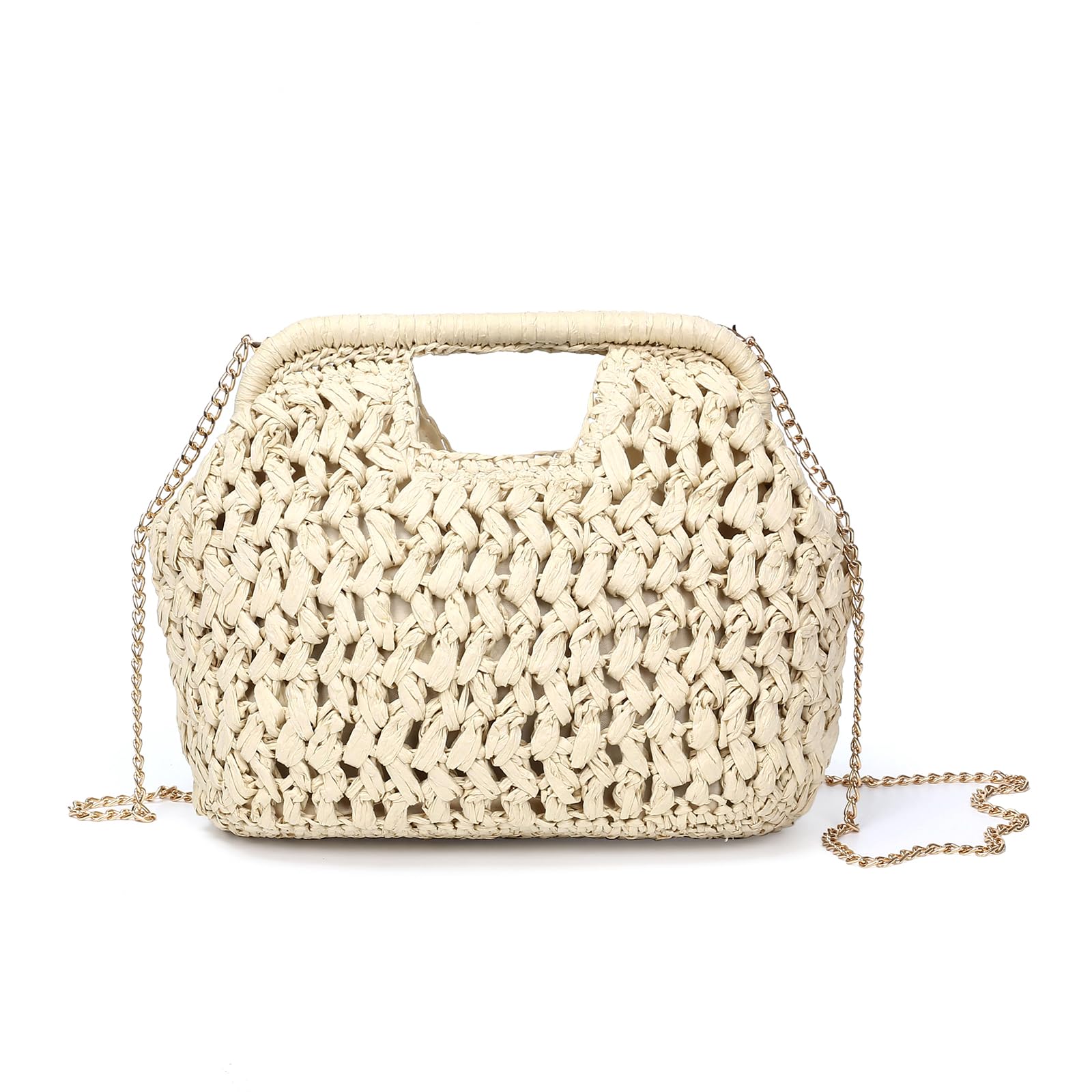 Herald Straw Woven Clutch Purse for Women, Beach Cloud Dumpling Pouch Evening Shoulder Crossbody Bag with Gold Chain