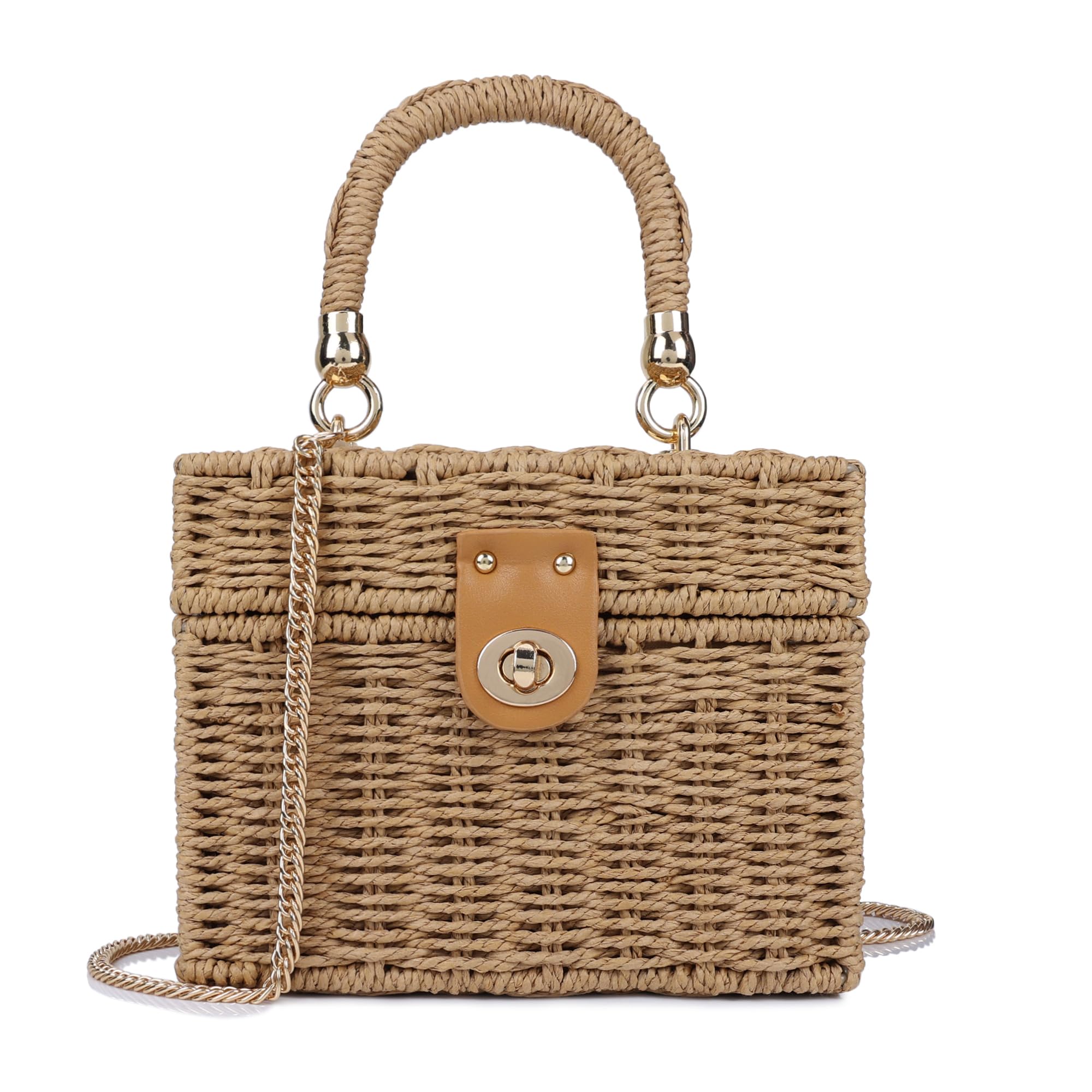 Handwoven Rattan Bag for Women Wicker Crossbody Shoulder Bag Straw Beach Tote Bag Top Handle Satchel Handbag with Chain Strap