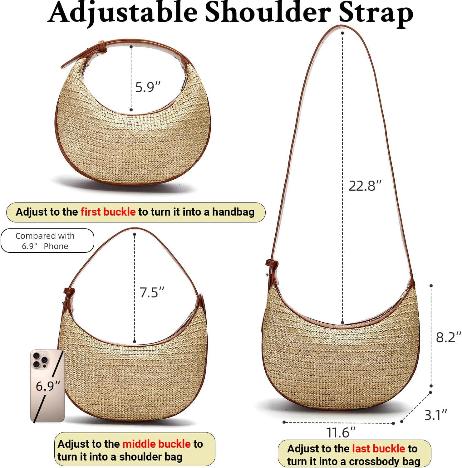 Herald Straw Crossbody Bag for Women Beach Woven Hobo Handbag Summer Chic Crescent Shoulder Purses with Adjustable Strap