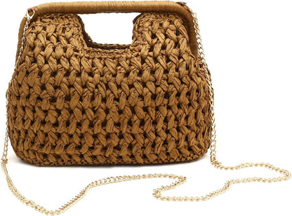 Herald Straw Woven Clutch Purse for Women, Beach Cloud Dumpling Pouch Evening Shoulder Crossbody Bag with Gold Chain