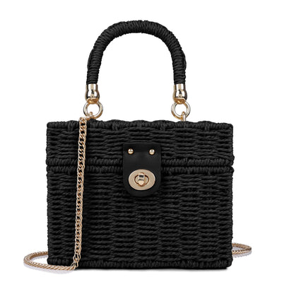 Handwoven Rattan Bag for Women Wicker Crossbody Shoulder Bag Straw Beach Tote Bag Top Handle Satchel Handbag with Chain Strap