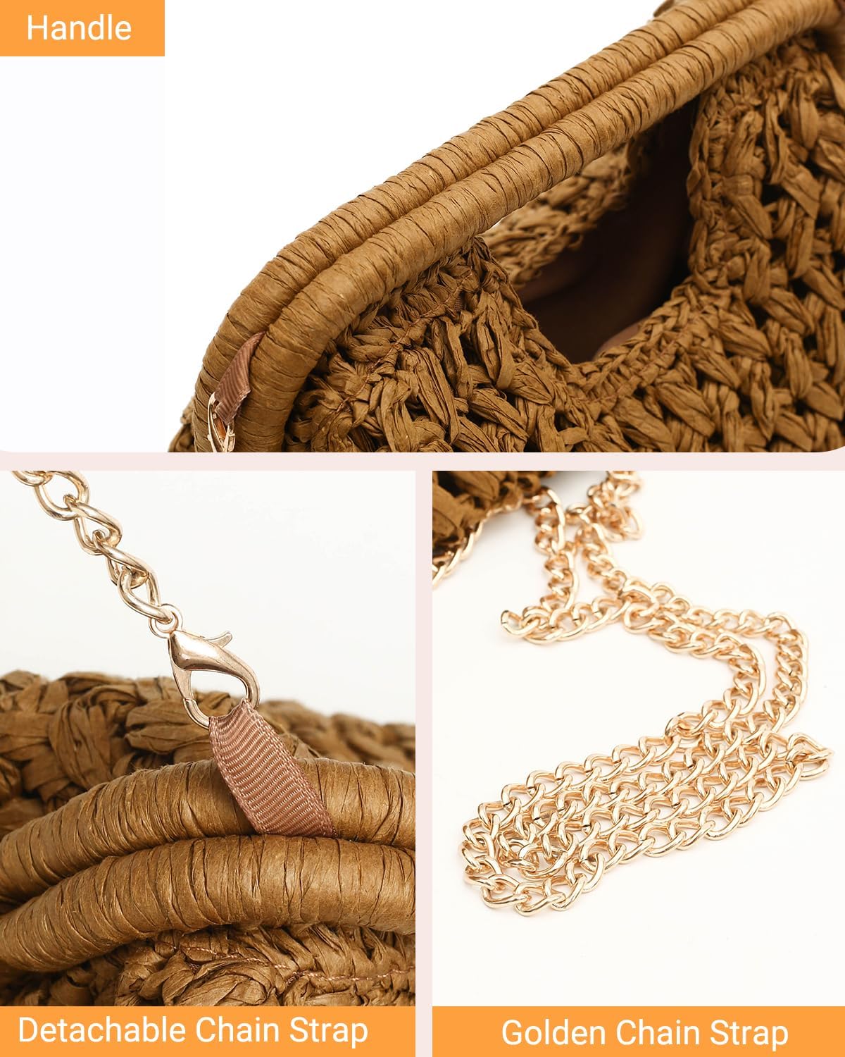 Herald Straw Woven Clutch Purse for Women, Beach Cloud Dumpling Pouch Evening Shoulder Crossbody Bag with Gold Chain