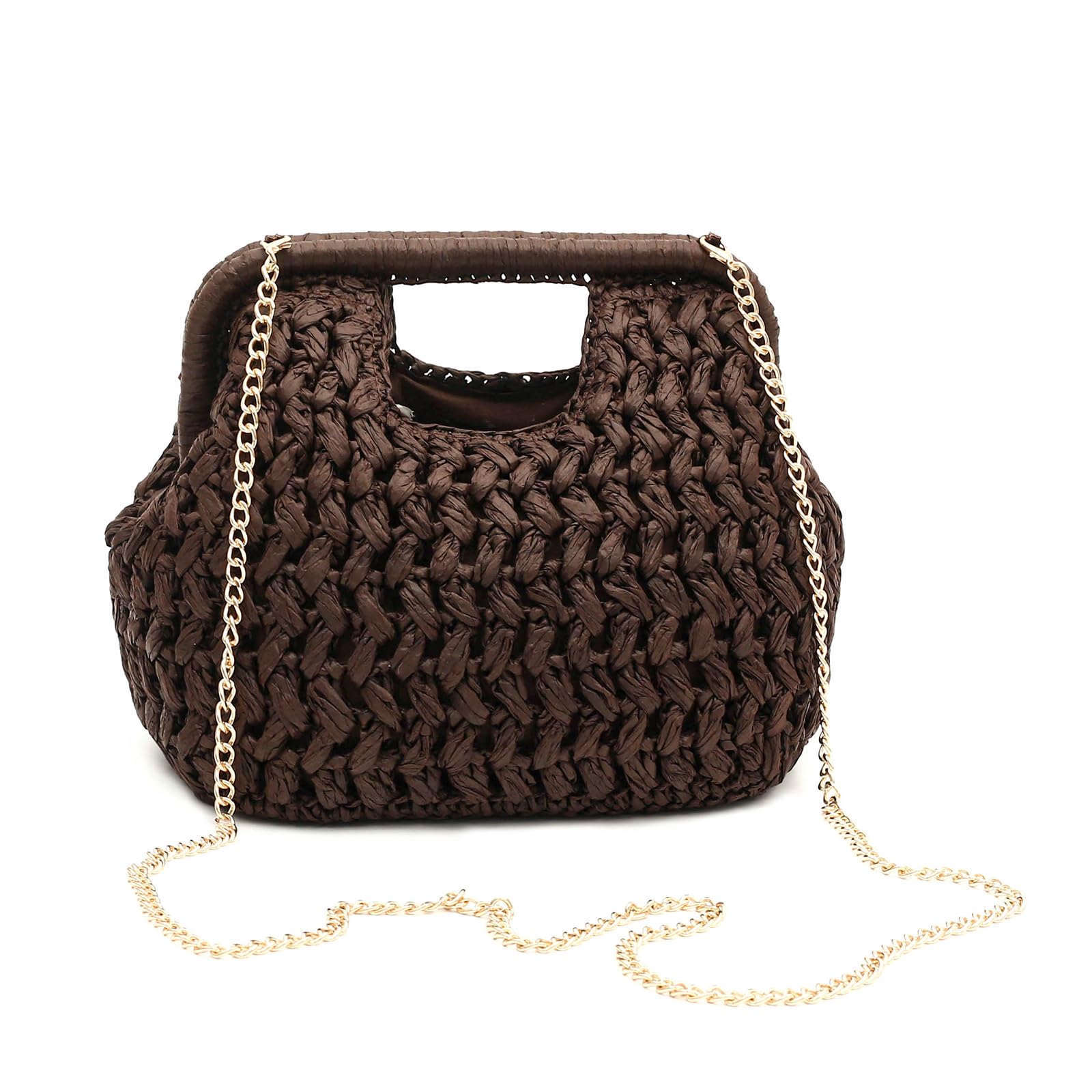 Herald Straw Woven Clutch Purse for Women, Beach Cloud Dumpling Pouch Evening Shoulder Crossbody Bag with Gold Chain