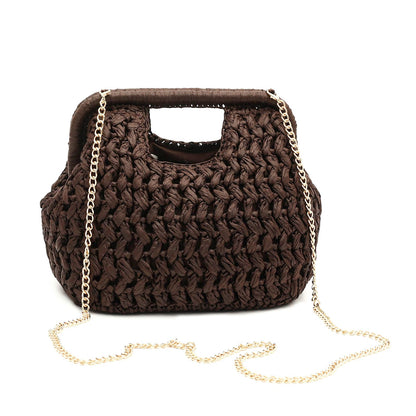 Herald Straw Woven Clutch Purse for Women, Beach Cloud Dumpling Pouch Evening Shoulder Crossbody Bag with Gold Chain