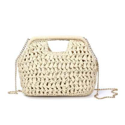 Herald Straw Woven Clutch Purse for Women, Beach Cloud Dumpling Pouch Evening Shoulder Crossbody Bag with Gold Chain