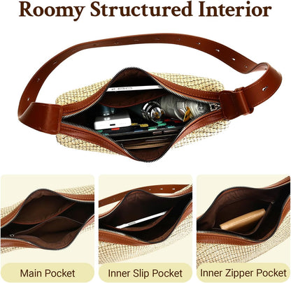 Herald Straw Crossbody Bag for Women Beach Woven Hobo Handbag Summer Chic Crescent Shoulder Purses with Adjustable Strap