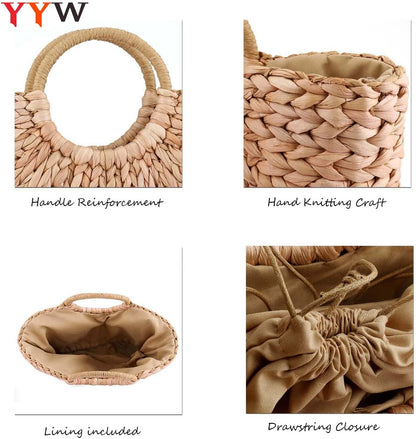 Summer Rattan Bag for Women Straw Hand-woven Top-handle Handbag Beach Sea Straw Rattan Tote Clutch Bags