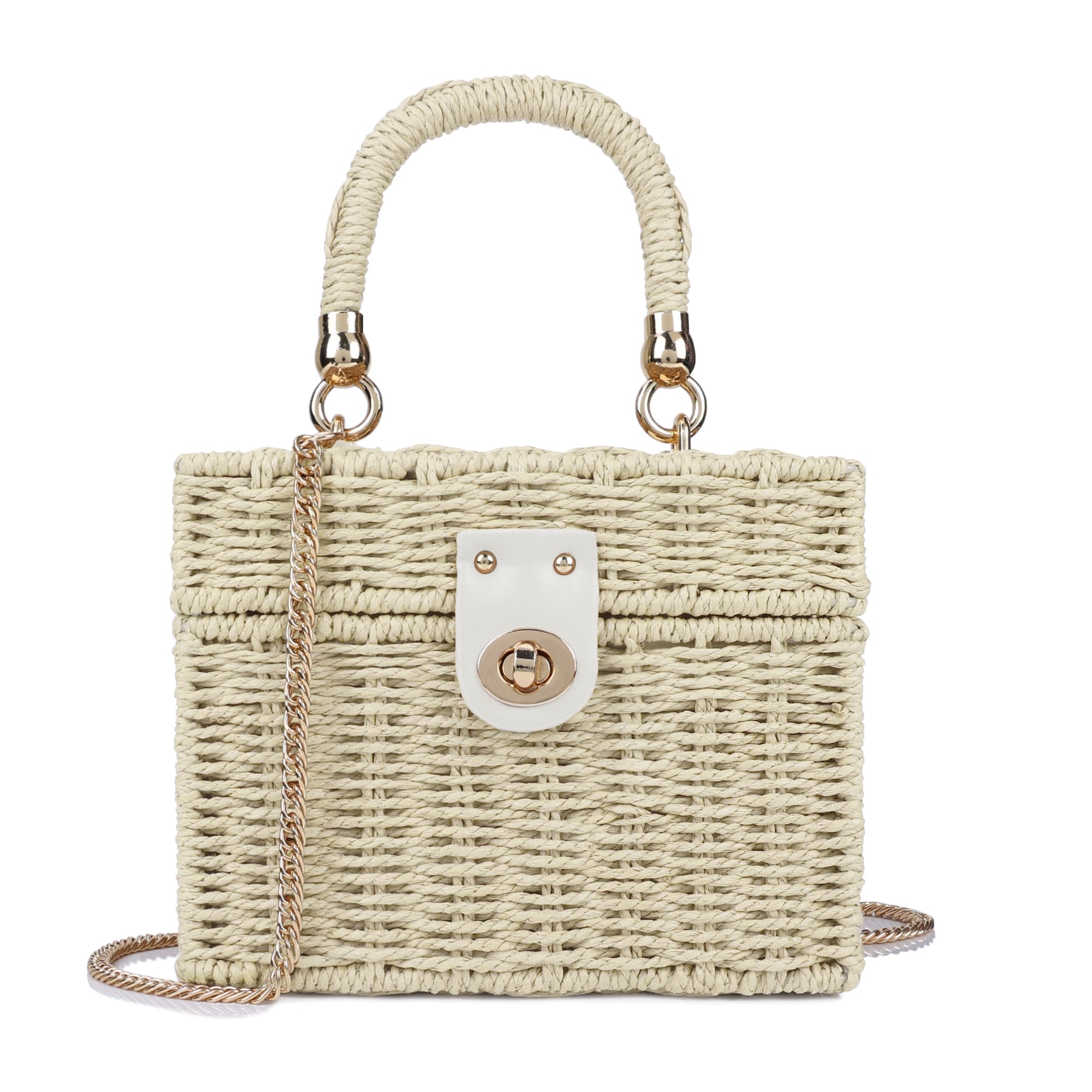 Handwoven Rattan Bag for Women Wicker Crossbody Shoulder Bag Straw Beach Tote Bag Top Handle Satchel Handbag with Chain Strap