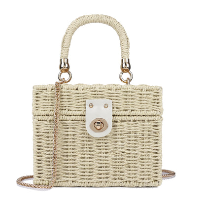 Handwoven Rattan Bag for Women Wicker Crossbody Shoulder Bag Straw Beach Tote Bag Top Handle Satchel Handbag with Chain Strap