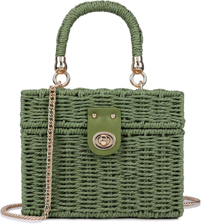 Handwoven Rattan Bag for Women Wicker Crossbody Shoulder Bag Straw Beach Tote Bag Top Handle Satchel Handbag with Chain Strap