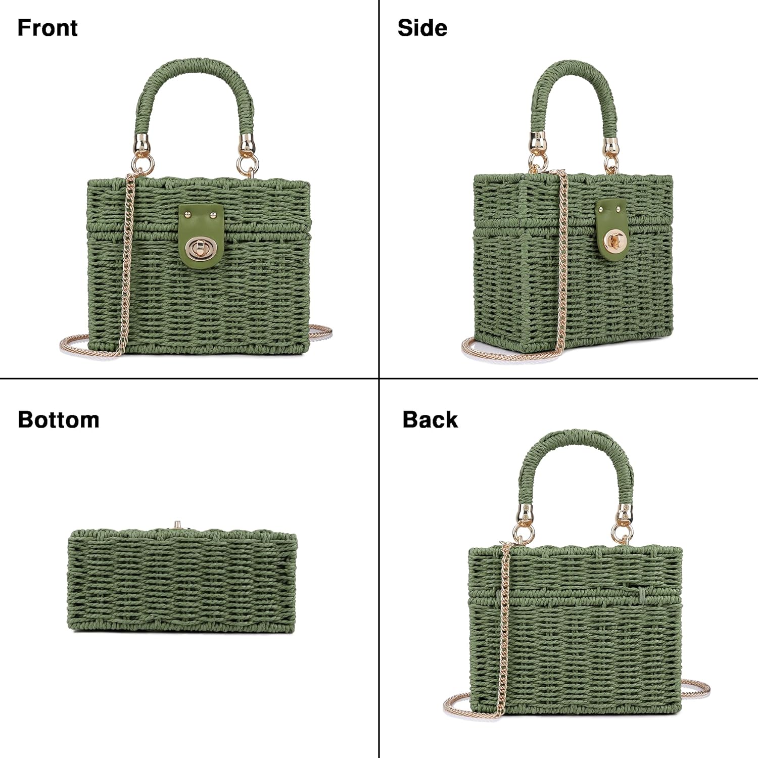 Handwoven Rattan Bag for Women Wicker Crossbody Shoulder Bag Straw Beach Tote Bag Top Handle Satchel Handbag with Chain Strap