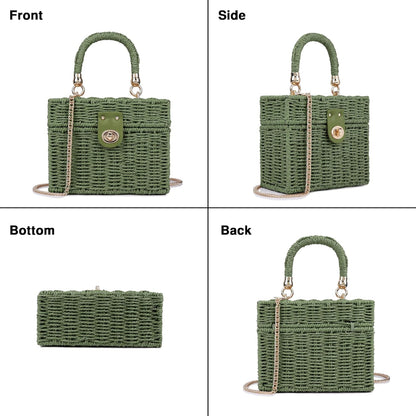 Handwoven Rattan Bag for Women Wicker Crossbody Shoulder Bag Straw Beach Tote Bag Top Handle Satchel Handbag with Chain Strap