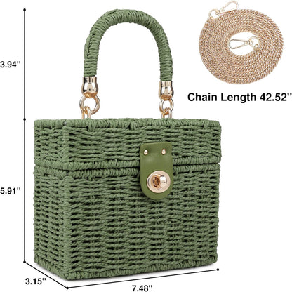 Handwoven Rattan Bag for Women Wicker Crossbody Shoulder Bag Straw Beach Tote Bag Top Handle Satchel Handbag with Chain Strap