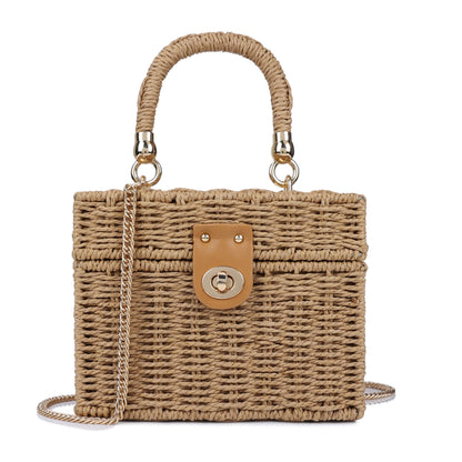Handwoven Rattan Bag for Women Wicker Crossbody Shoulder Bag Straw Beach Tote Bag Top Handle Satchel Handbag with Chain Strap