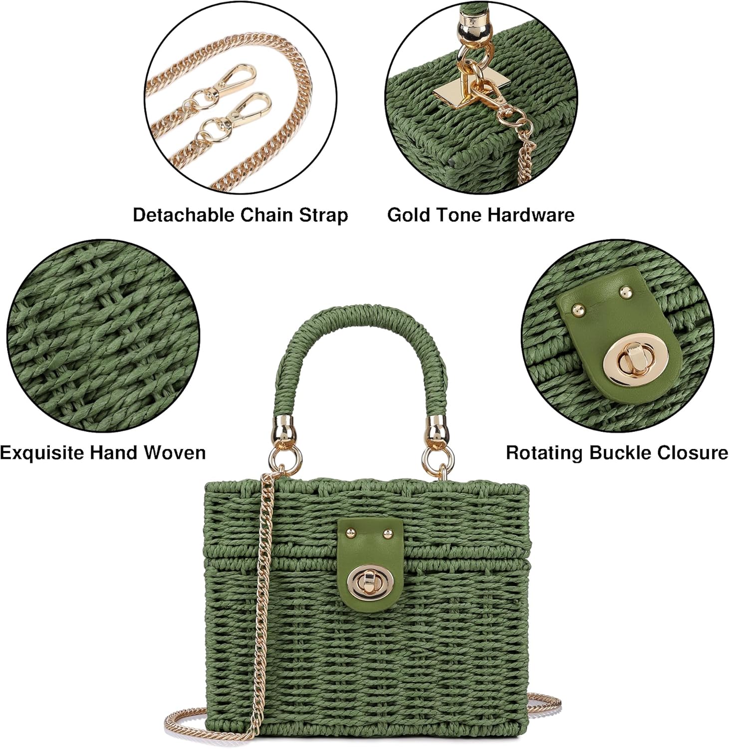 Handwoven Rattan Bag for Women Wicker Crossbody Shoulder Bag Straw Beach Tote Bag Top Handle Satchel Handbag with Chain Strap