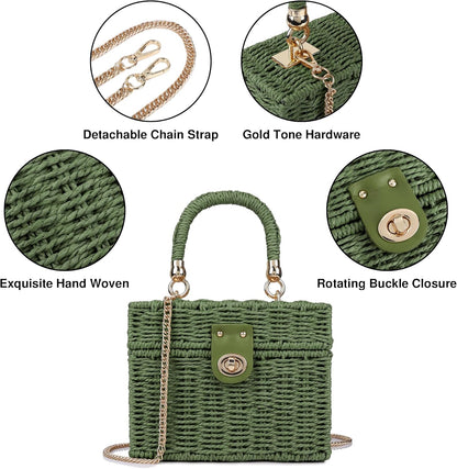 Handwoven Rattan Bag for Women Wicker Crossbody Shoulder Bag Straw Beach Tote Bag Top Handle Satchel Handbag with Chain Strap